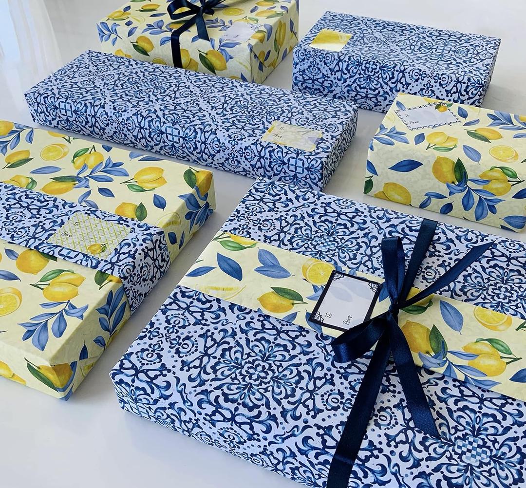 ECOARTTE Summertime Lemons and Moroccan Tile Wrapping Paper set includes: 6 Reversible Sheets 28x20, 6 Adhesive Gift Tags and 3 yards of Ribbon. The Paper is 100% Recyclable, Great for Weddings & More (Blue Yellow)