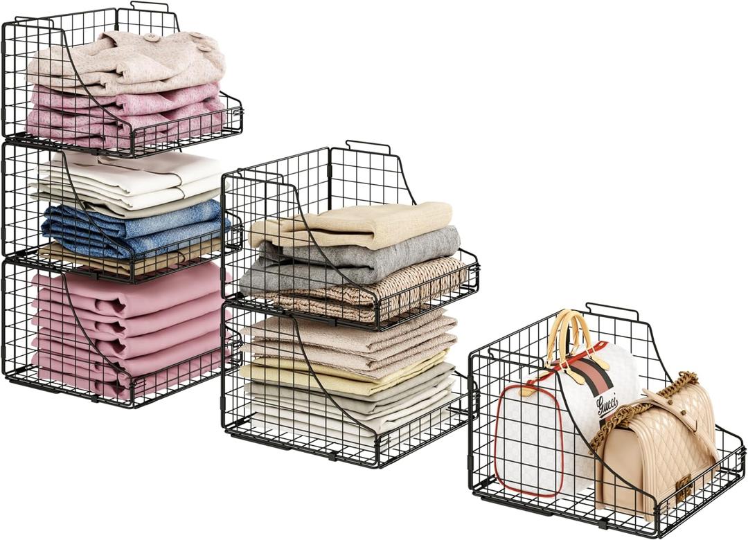 Storage Bins Closet Organizers and Storage 3 Pack, Rustic Stackable Metal Wire Basket for Clothes Toys Snacks, Open Pantry Baskets for Countertop Cabinet Living Room Black, 11.5x11.5x21inch