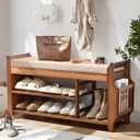 PETKABOO Shoe Bench with Hidden Drawer and Side Holder, 2 Tier Entryway Bench with Storage 39.4 in, Bamboo Shoe Rack with Cushion for Entryway Hallway Living Room Bedroom