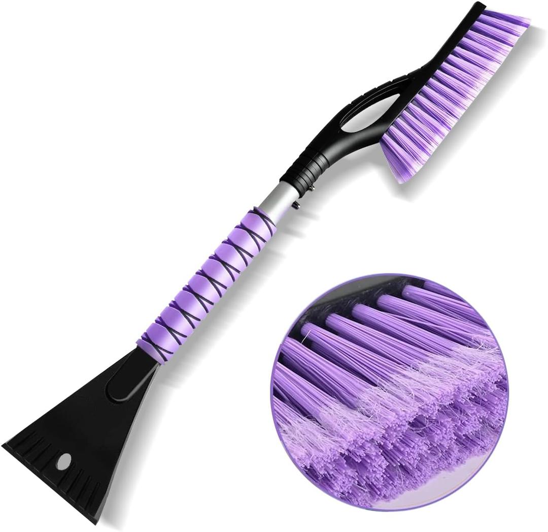 27 Snow Brush and Detachable Ice Scraper for Car Windshield, Car Ice and Snow Scraper and Brush Set, Ergonomic Foam Grip,Suitable for Cars SUVs and Trucks Vehicle(Durable Aluminum, PVC Brush, Purple)