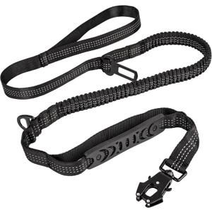 Moysoon High Reflective Stretch Dog Leash with Comfort 2 Padded Handles, with Car Seat Belt Buckle and Metal Carabiner, Black, (L)
