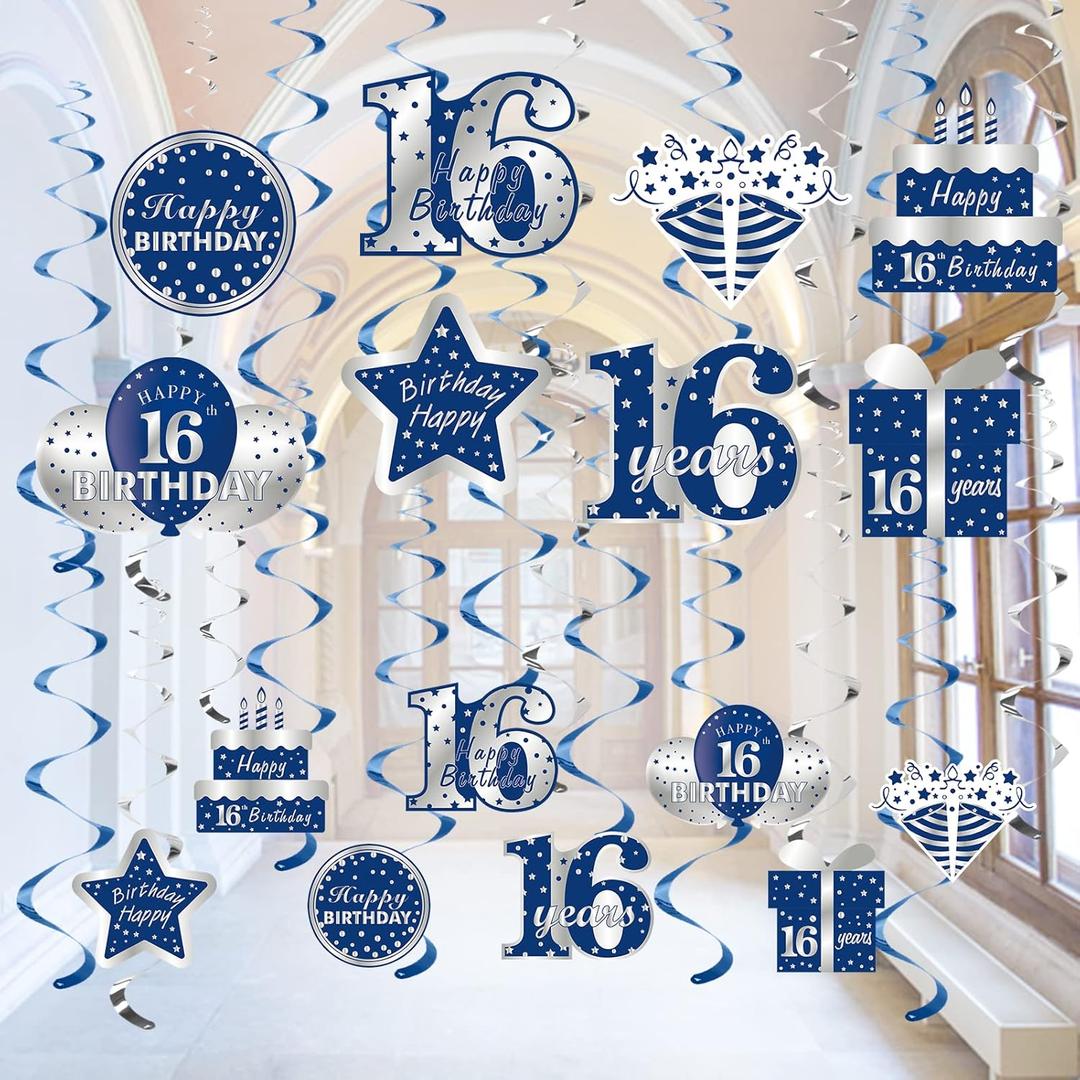 Blue Silver 16th Birthday Hanging Swirls Decorations for Boys, 16Pcs Happy 16 Year Old Birthday Foil Swirl Party Supplies, Sixteen Birthday Ceiling Hanging Decor