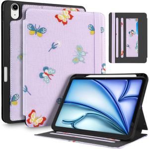 for iPad Air 11 inch Case M3 2025/M2 2024 - Air 5th/4th Generation Case 10.9'' for Women Girls Cute Embroidered Folio Stand Cover with Pencil Holder & Card Slot Kawaii Butterfly Design Cases