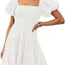 ZESICA Women's Boho 2026 Summer Square Neck Puff Sleeve Off Shoulder Smocked Tiered Casual A Line Short Mini Dress XXL