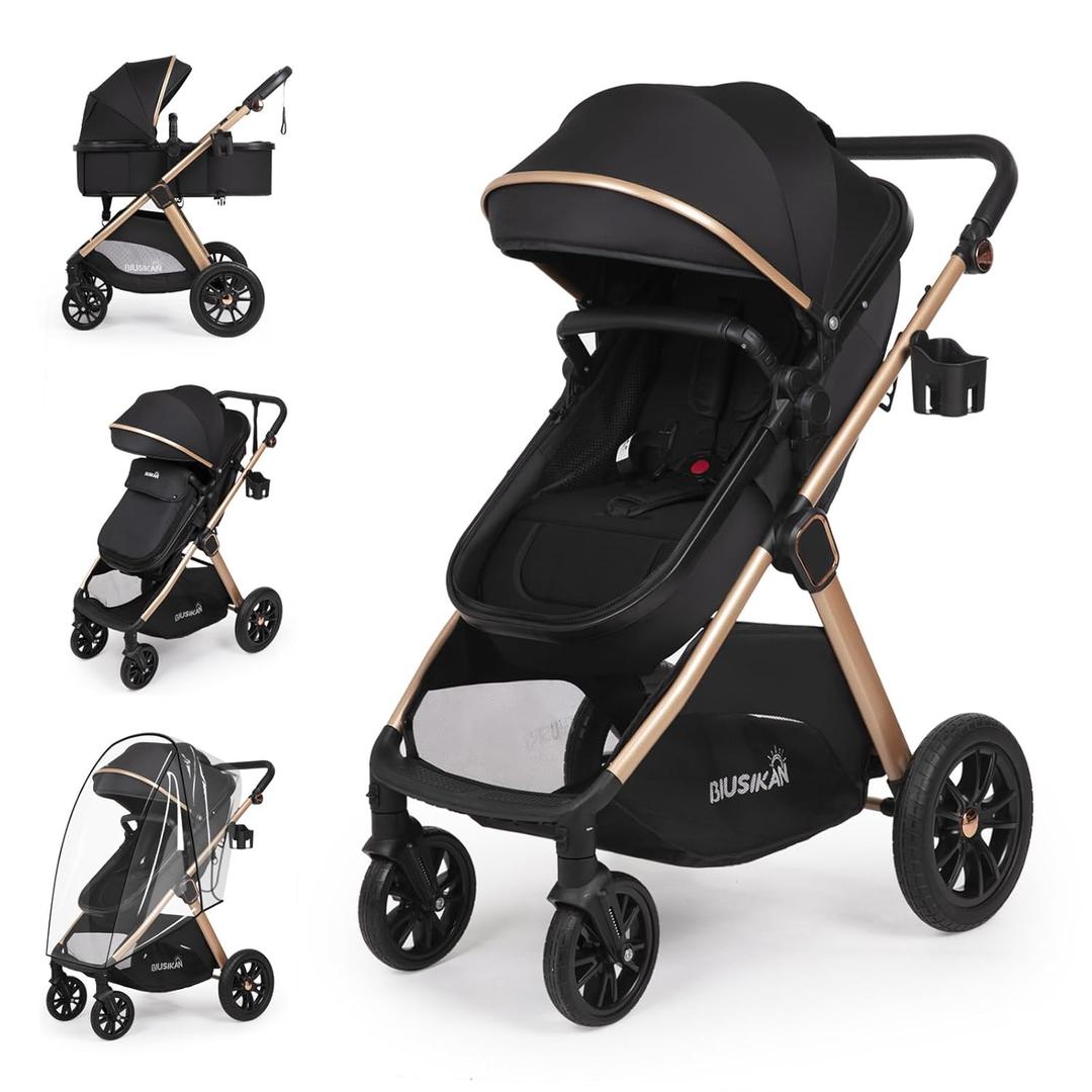 6-in-1 Convertible Baby Stroller with Bassinet Mode - Toddler Stroller w/Footmuff, Rain Cover, Cup Holder & Large Storage, Newborn w/All-Scene Large Wheels, Reversible Seat (Black)