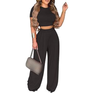 Mandonce 2 Piece Outfits for Women Crew Neck Short Sleeve Crop Tops Printed Wide Leg Long Pants Summer Matching Sets (X-Large, Black)