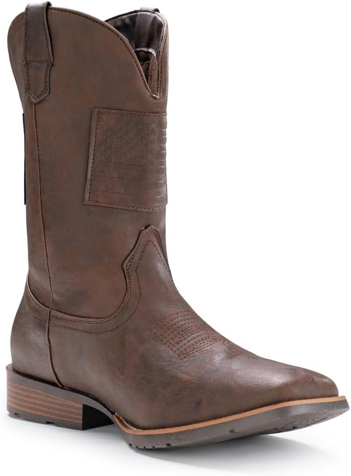 IUV Cowboy Boots For Men Wide Western Boot Traditional American Flag Retro Square Toe Country Work Boots, 12.5, Dark Brown