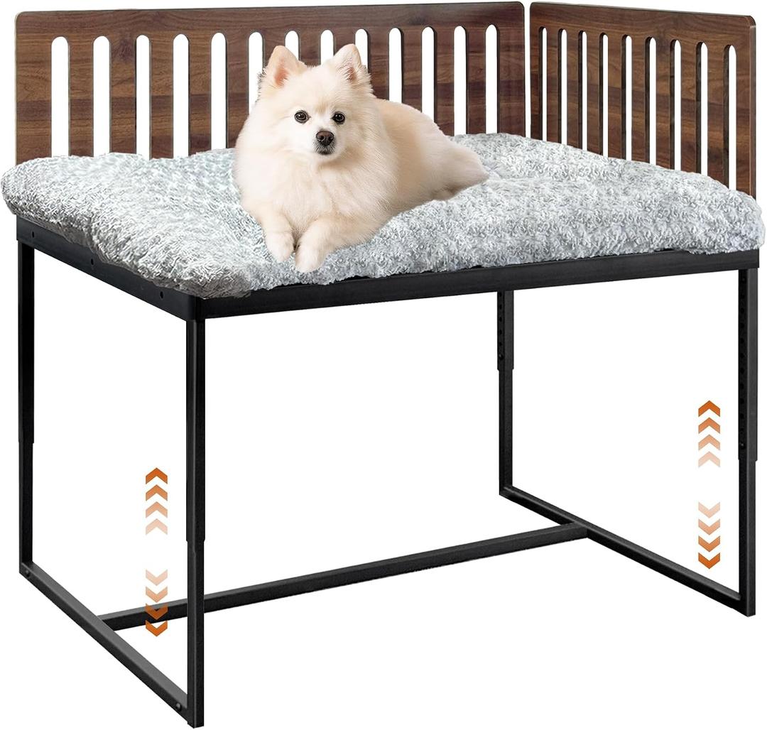 Beside Dog Bed,2 Panels Adjustable Height Dog Bunk Beds,25.5x18Metal Dogs Bed Frame with Cushion,Medium