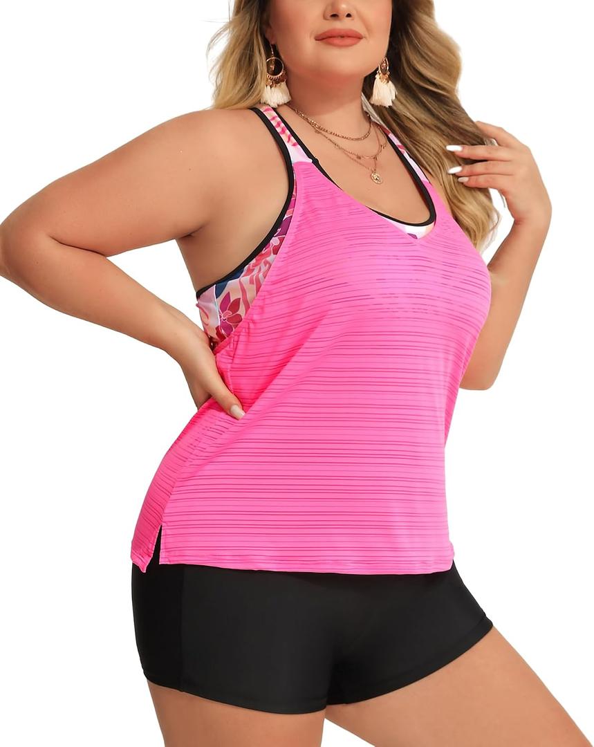 Angel season Plus Size Tankini Swimsuits Tops for Women Swim Top Only Tummy Control Bathing Suits Zippered Swimswear (Pink, XXXL)