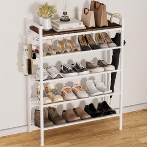 5 Tier Shoe Rack, White Shoe Rack for Front Door Entrance, Metal with Hook and Adjustable Mesh Shelves, Shoe Shelf Organizer for Entryway, Closet and Dorm