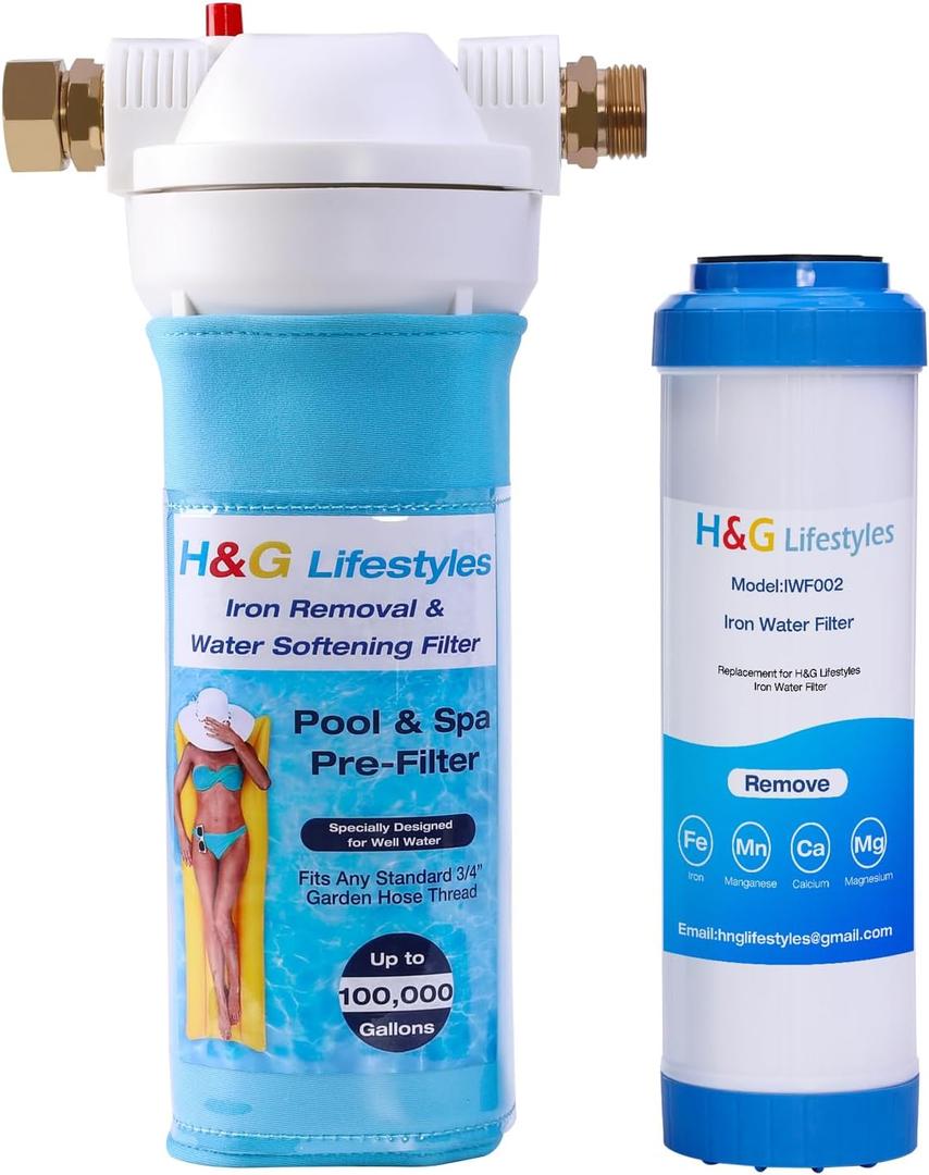 H&G lifestyles Iron Garden Hose Filter Water Softener for Filling Hot Tub Pool Spa Iron Remover for Well Water Heavy Metal Iron Removal Fits Standard 3/4" Garden Hose Thread Up to 100,000 Gallons