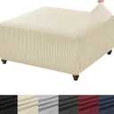 ANWUCHEN Ottoman Cover Square-Stretch Knitted Jacquard Square Ottoman Cover -Soft Square Ottoman Covers Slipcover -Thick Storage Ottoman Cover Foot Stool Cover with Elastic Bottom Large Beige