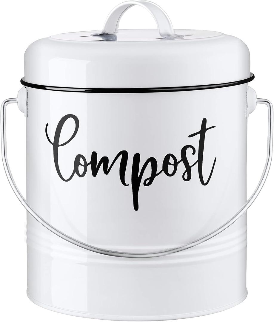 DAYYET Compost Bin Kitchen, 1.3 Gallon Farmhouse Kitchen Compost Bin Countertop, Indoor Countertop Compost Bucket with Lid and Charcoal Filters, White