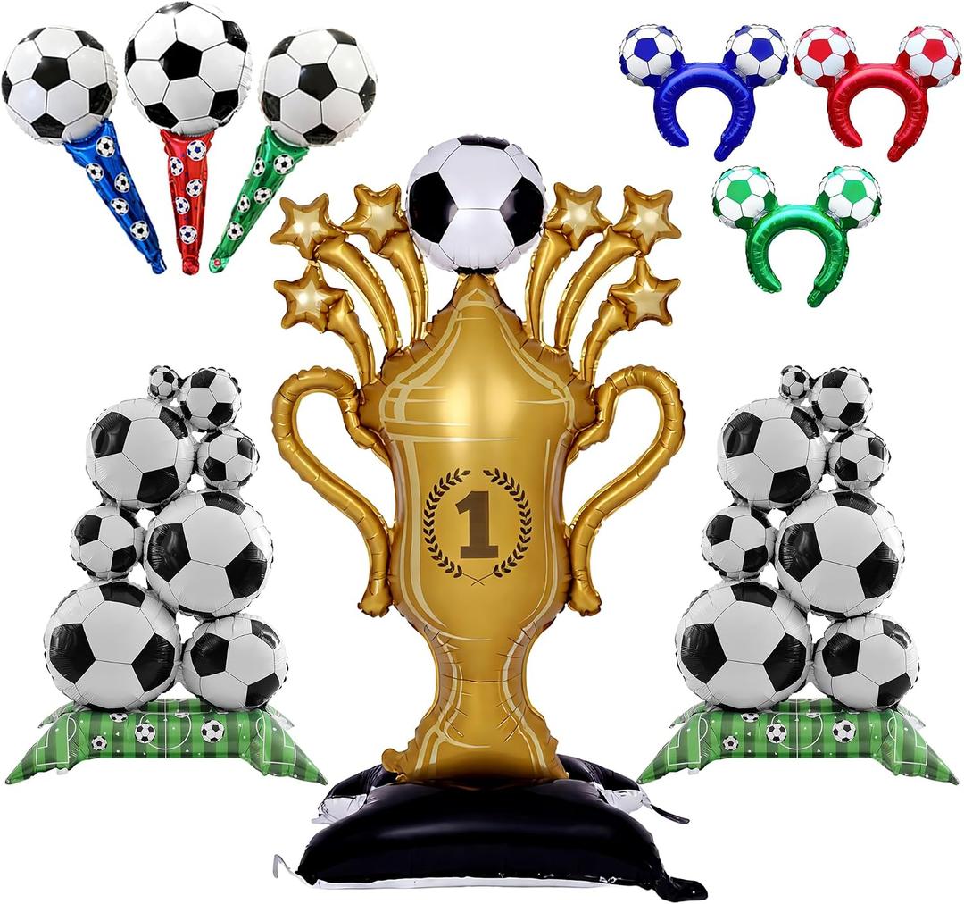 2026 World Soccer Party Decorations 21PCS Balloons Kit, 59" Large Gold Champion Trophy & Self-Standing Soccer Foil Balloons, Cheer Sticks & Headbands, Football Sports Theme Birthday Party Supplies
