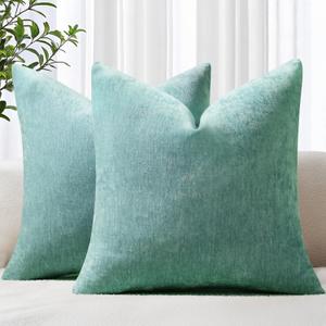 decorUhome Chenille Aqua Haze Throw Pillow Covers 18x18 Inch Set of 2, Decorative Soft Couch Pillow Covers Solid Dyed Accent Farmhouse Neutral Square Pillow Cases for Sofa Bed Living Room