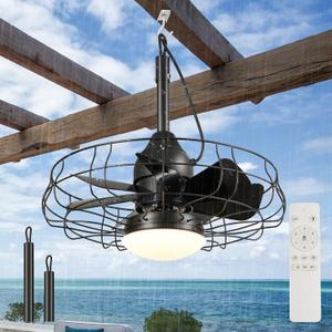 19''Vintage Waterproof Black Outdoor Ceiling Fans with Lights, Plug in Wet Rated Gazebo Fan Light with Remote, Caged Enclosed Hanging Fan for Patio Pergola Canopy with 3 Color LED Light