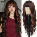 MINSEEYOO Brown Highlight Wig with Bangs for Women Long Wavy Wigs 26 Inch Brown Mix Ginger Wigs Natural Looking Heat Resistant Synthetic Wig for Daily Party Use