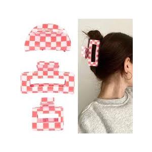 YUEELI 2 PCSx 3 PACK Checkered Hair Claw Clips for Thin and Medium Fine Hair, Rectangle Hair Clips Y2K Hair Barrettes 90s Hair Accessories for Women, Black and Pink