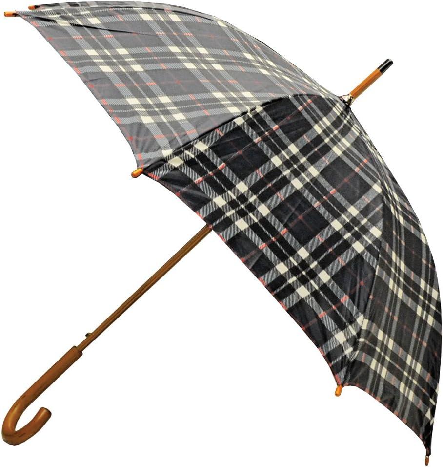 Classic Auto Open Umbrella with Real Wooden Hook Handle (Black Plaid)