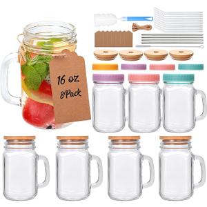 16 oz Mason Jar Cups with Handle,Mason Jar Cups with Lids and Straws,Set include glass straws, stainless steel straws, wooden lids, plastic lids,cup brush, straw brush,Hemp rope, tag 8pack