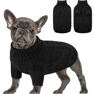 Queenmore Small Dog Pullover Sweater, Cold Weather Cable Knitwear, Classic Turtleneck Thick Warm Clothes for Chihuahua, Bulldog, Dachshund, Pug (Black, X-Small)