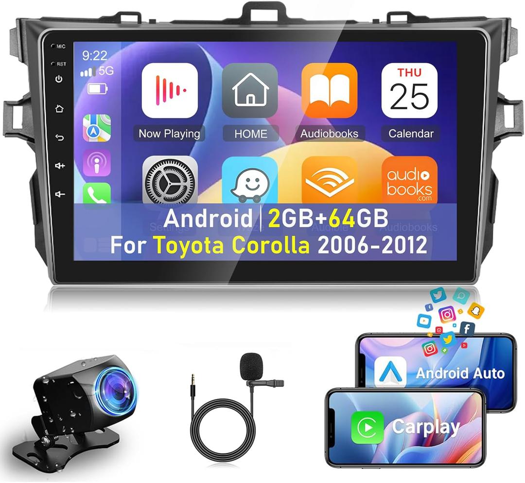 [2+64G] NHOPEEW Car Radio for Toyota Corolla 2006-2012 with Wireless Carplay and Android Auto - 9 Inch Touchscreen Android Car Stereo - 28 UI Themes/WiFi/GPS/SWC/Bluetooth + AHD Backup Camera