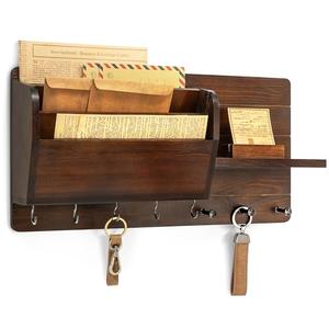 Rebee Vision Pine Wood Key Holder Wall Mount for Home Decor - Vintage Mail Holder Wall Mounted with Floating Shelf & Hooks - Rustic Mail Organizer for Apartment, Living Room, Entryway (Dark Brown)