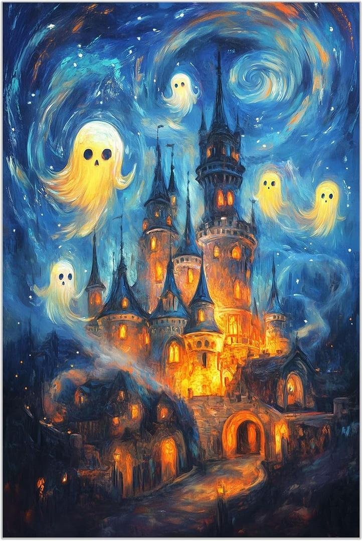 GSPQAZ Ghosts at the Haunted Castle Canvas Print - Spooky Halloween Wall Art for Home Dcor 12x18-Unframed (U698)