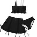 Girls Bathing Suit 3 Piece Set Ruffle Cami Tankini Top with Swim Skirt and Bikini Bottom, Cute Girls Swimwear for Pool Beach Vacation, Black, Ages 15-16 Years (Black)