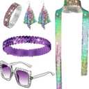 Sasylvia 5 Pcs 70s Disco Accessories Halloween Women Costume Jewelry Sequin Scarf Earrings Sunglasses Bracelet Headband (Multicolor)