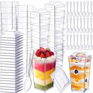 Sliner 120 Pack 3 oz Mini Dessert Cups with Lids and Spoons Square Clear Plastic Parfait Cups with Lids Shooter Cups Dessert Appetizer for Parties Cake Yogurt Ice Cream Pudding