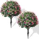 2-Pack Artificial Boxwood Topiary Ball Plant with Pink Flowers, Ground Stake, UV-Resistant Outdoor & Indoor Decorative Flowers
