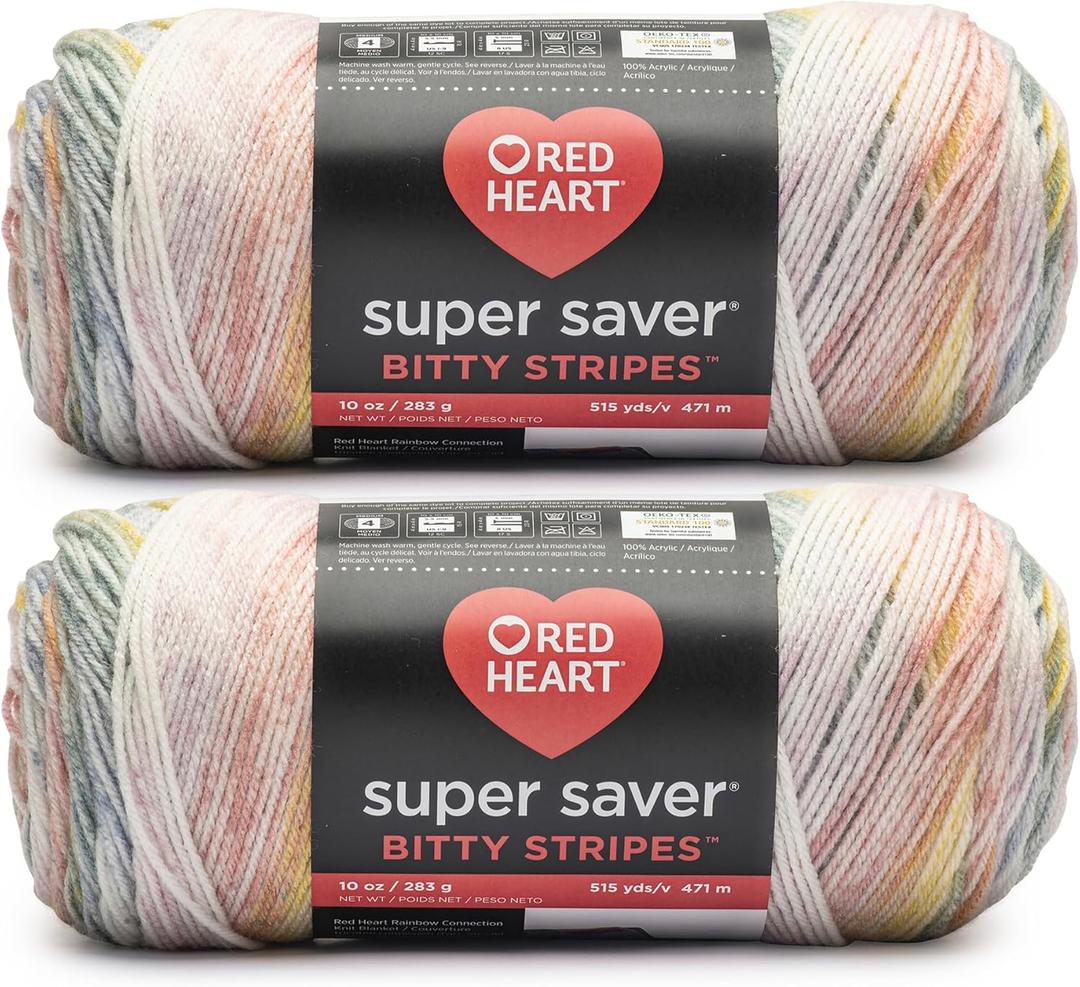 Red Heart Super Saver Bitty Stripes Rainbow Mist Yarn - 2 Pack of 10oz/283g - 100% Acrylic - #4 Worsted (Medium) - 515 Yards - Knitting/Crochet