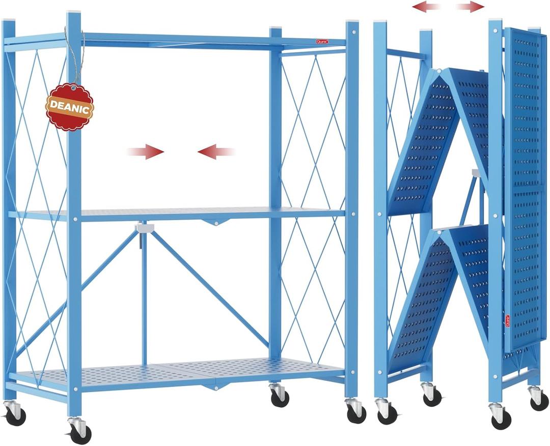 DEANIC 3 Tier Foldable Storage Shelves with Wheels, Kitchen Appliance Stand, Freestanding Metal Wire Shelf Rack, No Assembly Organizer Rolling Cart for Garage, Basement, Pantry(Blue)