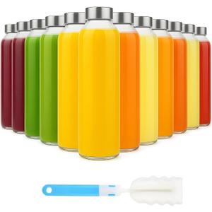 Sursip [12 Pack] 18 oz Glass Water Bottles with Lids, Juice Bottles, Clear glass juice bottle for juicing, Eco-Friendly Reusable Glass Juicing Bottles with Stainless Steel Lid, BPA Free, Leak-Proof
