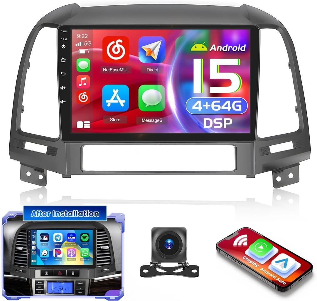 4+64G for Hyundai Santa fe 2006 2007 2008 2009 2010 2011 2012 Android 15 Car Stereo, Hikity 9'' Touchscreen Radio Wireless Carplay for Santa fe Android Auto DSP/1080P/5G WiFi/BT, FM/RDS Backup Cam SWC