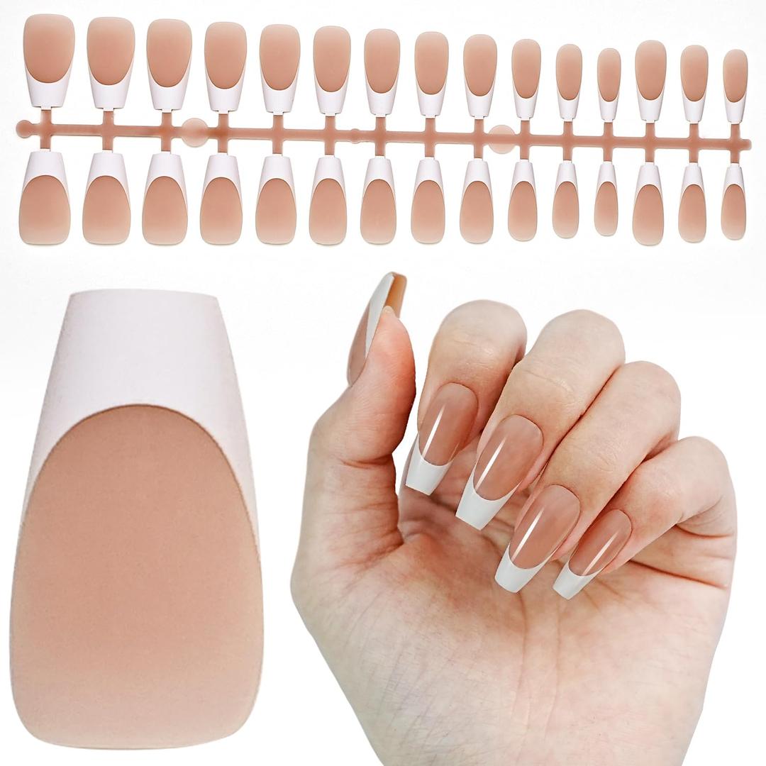 7 x JODSONE French Tip Press On Nails - 15 Sizes Nude Trapezoid French Tips,Soft Gel Nail Tips False Nails Extensions Nail Art DIY(150Pcs)