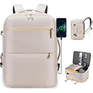 Expandable Carry On Travel Backpack,For Frontier Airlines Personal Item Bag 18x14x8 Underseat Travel Duffel Bag,17 inch Laptop Backpack Flight Approved (Beige)