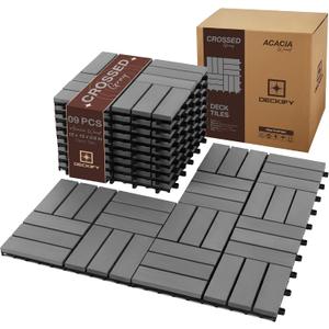 9Pcs Acacia Wood Interlocking Patio Deck Tiles, 12 x 12 x 0.9 Inch Outdoor Flooring, Waterproof for All-Weather Use Crossed, Gray