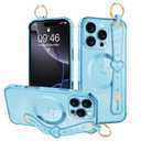 MOWIME Magnetic for iPhone 16 Pro Case with Wrist Strap, Cute Love Heart Pattern for Women Girls Soft Plating Bumper Anti-Scratch Protective Cover with Adjustable Wristband Kickstand, Blue