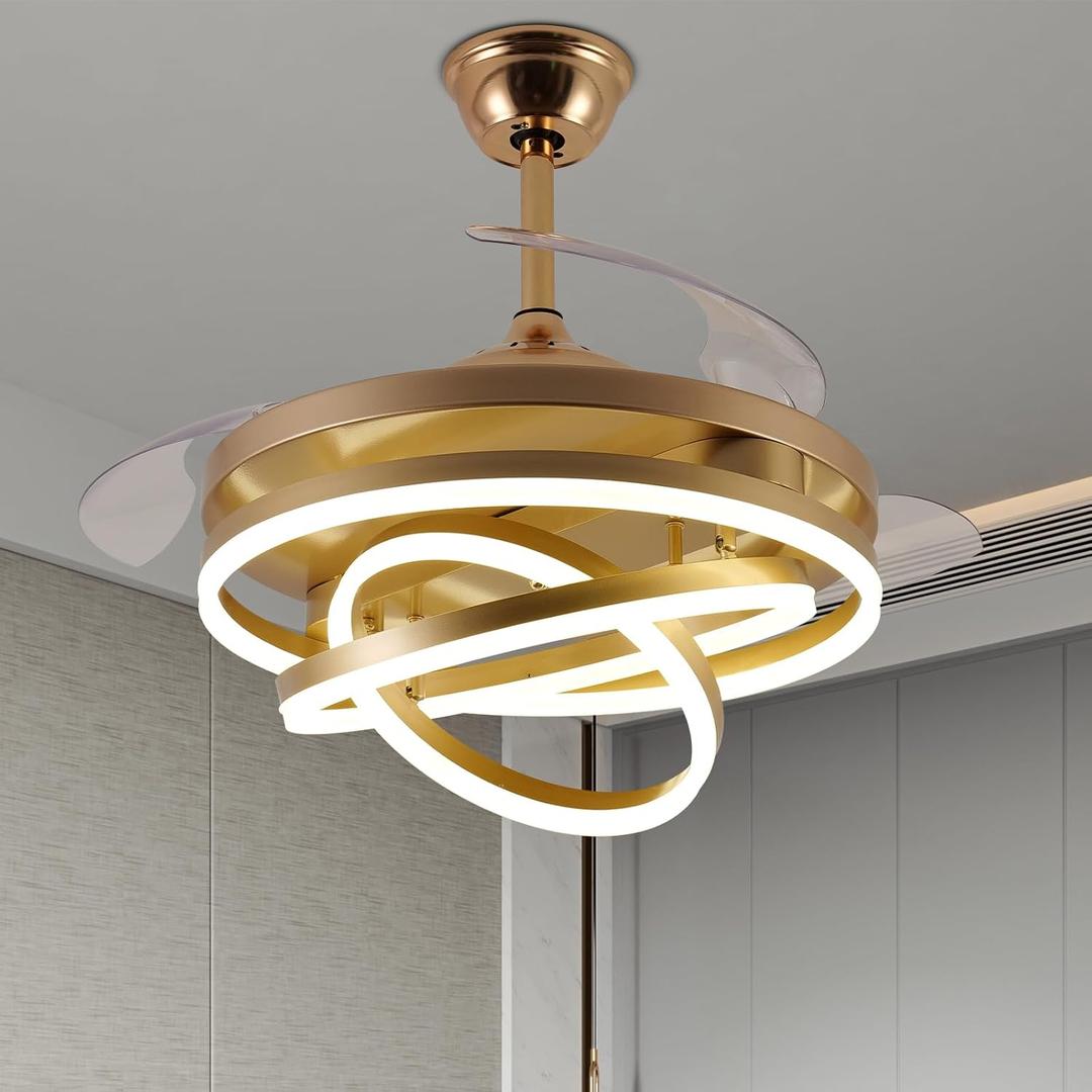 42" Retractable Ceiling Fan with Lights and Remote,Modern Silent DC Motor Ceiling Fan Dimmable 3 Color 6 Speed Ceiling Fans for Bedroom Living RoomGold