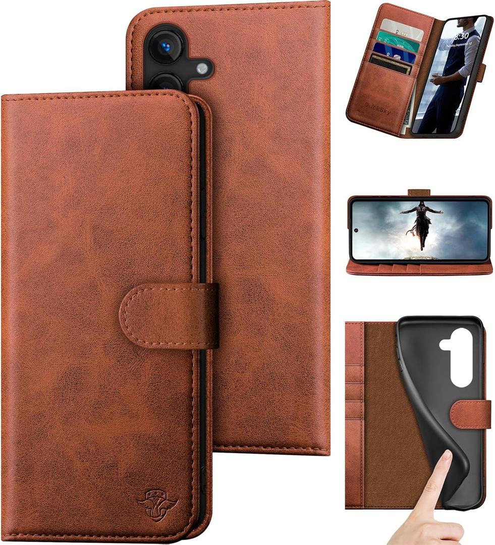 DuckSky Compatible with Samsung Galaxy S25 Genuine Leather Wallet caseRFID Blocking4 Credit Card HolderReal Leather Flip Folio Book Phone case Cover Women Men for Samsung S25 case Light Brown