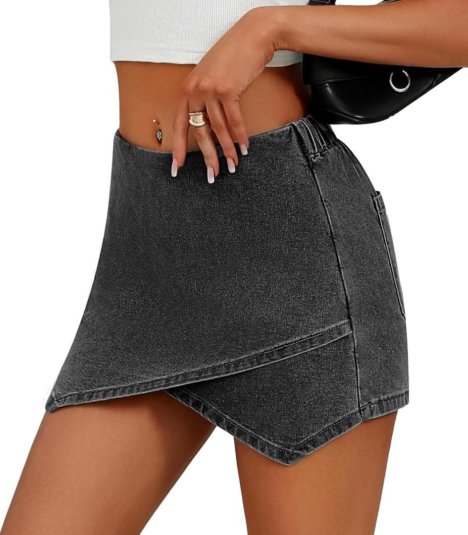 Women's Jean Skorts High Waist Wrap Asymmetrical Hem Mini Skort Stretchy Trendy Casual Denim Skirt Shorts (Black)