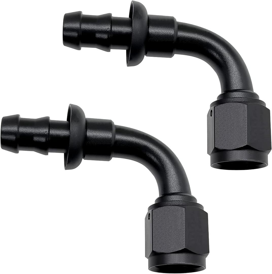 YSIL 6AN Female to 3/8 Hose Barb 90 degree Swivel Aluminum Push Lock Hose End Fitting for Rubber Fuel Line Black 2PCS