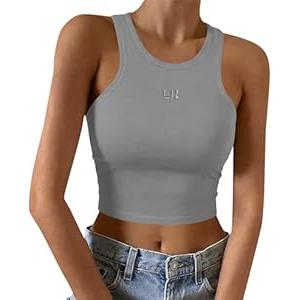 LouKeith Womens Cropped Tank Tops Racerback High Neck Ribbed Cotton Fitted Sleeveless Crop Tank Basic Top Gray S