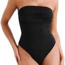 REORIA Women's Sexy Strapless Ruched Bodysuit Tube Top Sleeveless Trendy Body Suits, L
