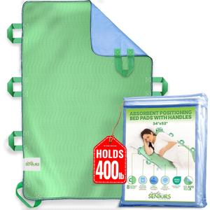 Absorbent Positioning Bed Pad with Handles 34" X 52"- Washable, Waterproof Incontinence Bed Pads - Reusable Bed Mobility Under Pads to Aid Seniors, Disabled & Bedridden Patients - Fast-Drying (34x52 - 8 Handles)