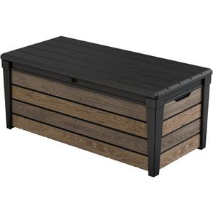 Keter Signature Collection 120 Gallon Resin Deck Box Organization and Storage Box for Patio Outdoor Cushions, Throw Pillows, Garden Tools and Pool Supplies, Walnut