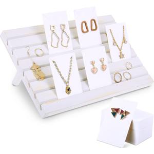 Blulu 31 Pack Wooden Earring Display Stand 7 Slots jewelry Display Holder with Earring Card for Selling Vendors Retail Show,Wash White, White