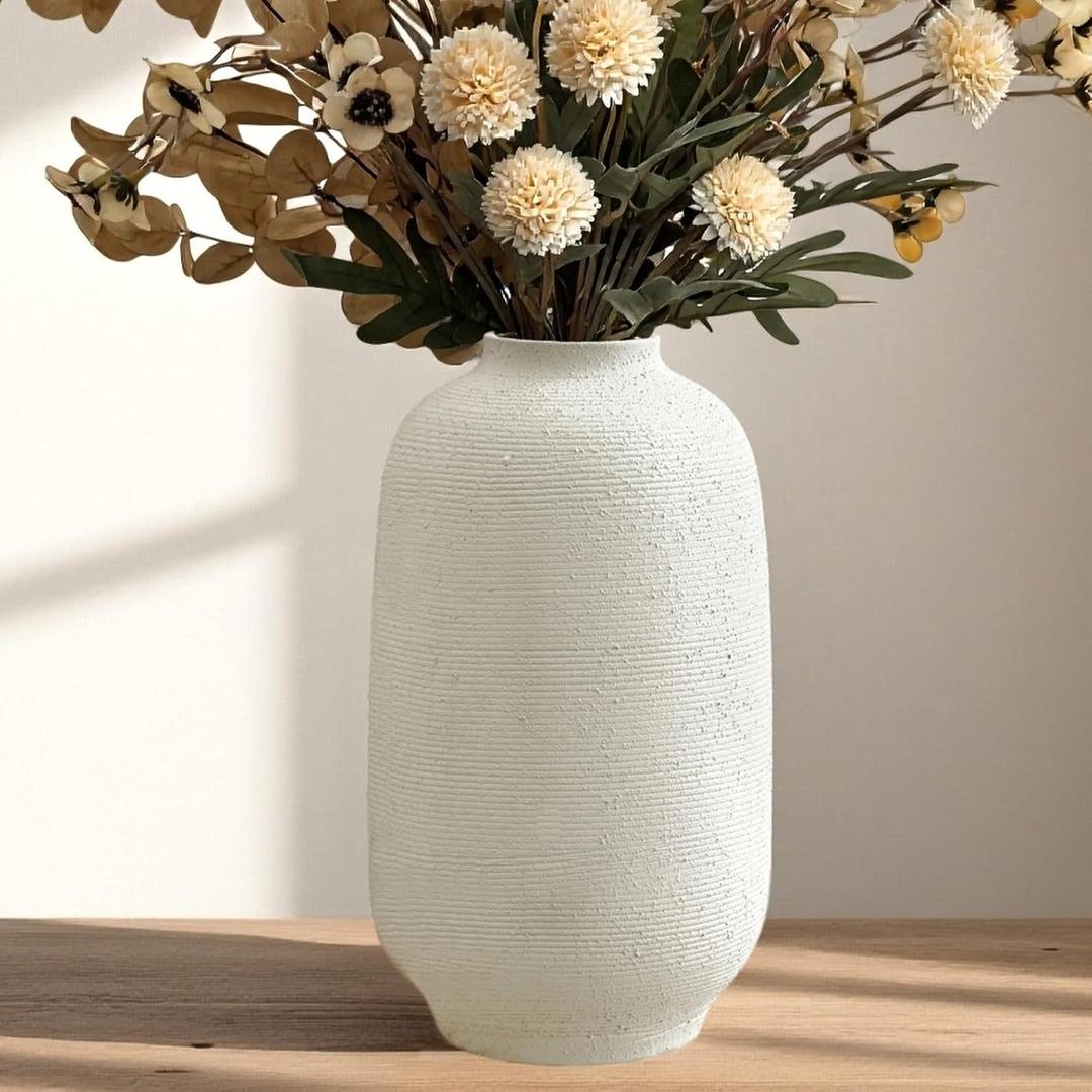 White Ceramic Flower Vase Home Decor - Large Tall Farmhouse Table Vases Rustic Living Room Kitchen Bedroom Decorations for House Book Shelf Office Coffee DeskHand-Made Textured Surface (10.8 H)